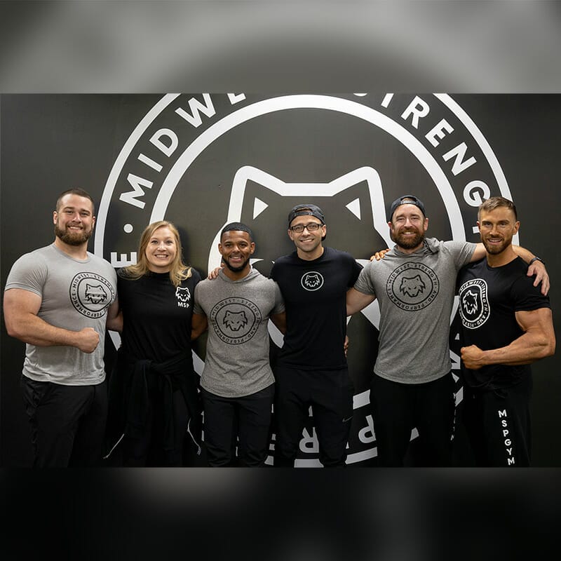Mike Sell, TJ Lawson, JT Baginski, Zane Roebuck, Jimmy Walker & Ashley Sell owners of Midwest Strength and Performance Wheaton